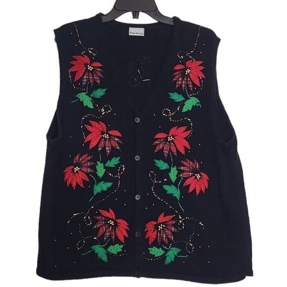 VTG WOMENS LG CHRISTMAS SWEATER VEST CARDIGAN POINSETTIA FLOWER BLACK RED PLAID - Picture 1 of 7